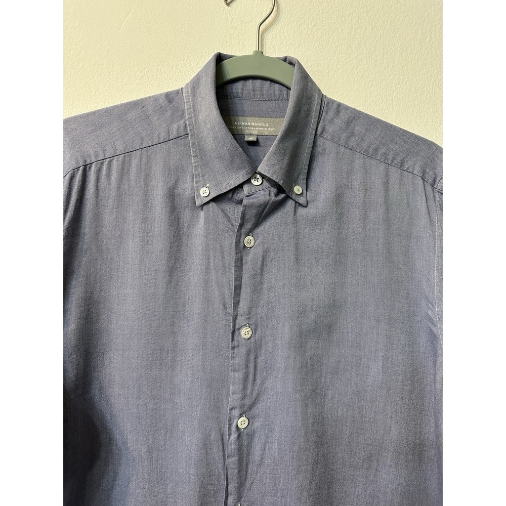 Neiman Marcus Shirt Mens Medium M Blue Stretch Cotton Made in Italy Button Down